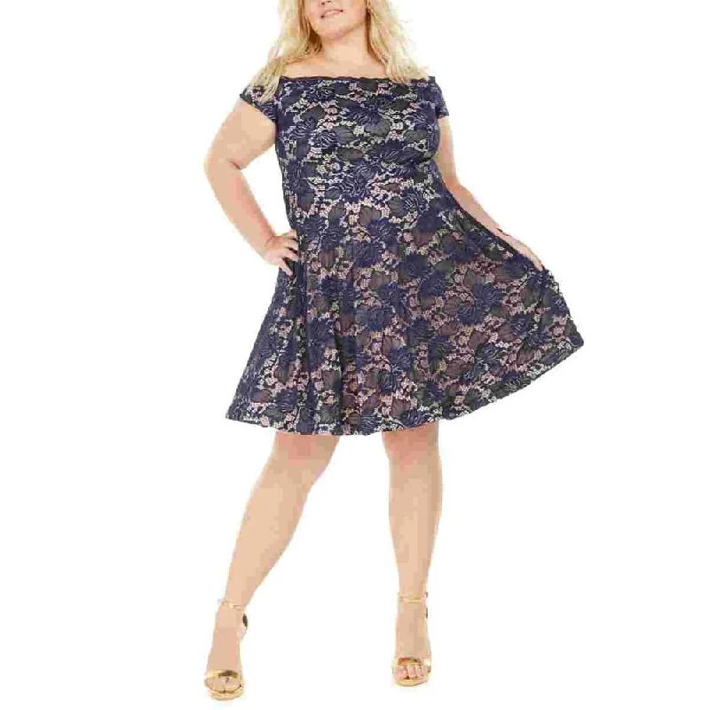 Smocked-Bodice Party Dress -B Darlin Women's Embroidered Lace Floral Cap Sleeve Off Shoulder Above The Knee Fit + Flare Cocktail Dress Blue Size 22W