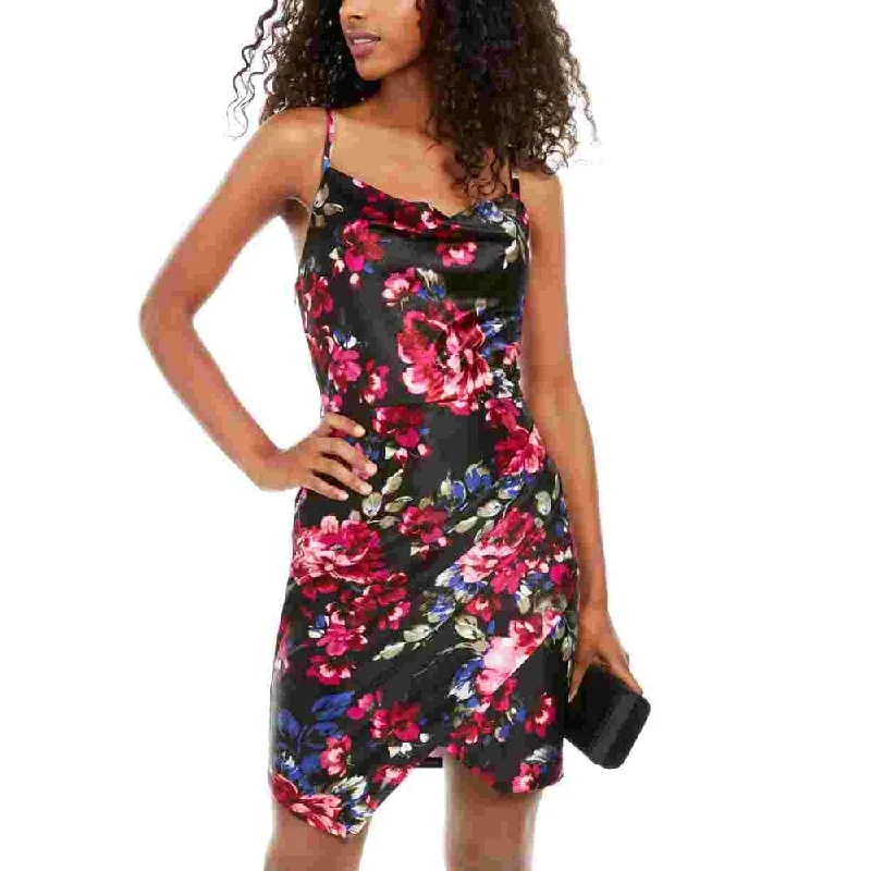 Statement-Sleeve Party Dress -Bcx Women's Spaghetti Strap Square Neck Short Body Con Cocktail Dress Black Floral Size 13