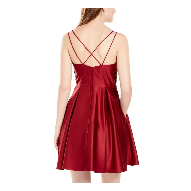 Blondie Nites Women's Spaghetti Strap Square Neck Short Cocktail Fit Flare Dress Red Size 3