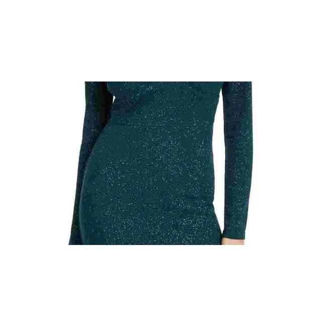 City Studios Women's Glitter Long Sleeve V Neck Short Body Con Cocktail Dress Green Size 15