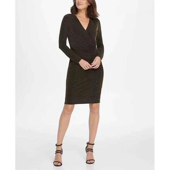 Matte-Silk Party Dress -DKNY Women's Gold Long Sleeve V Neck Above The Knee Sheath Cocktail Dress Grey Size 16