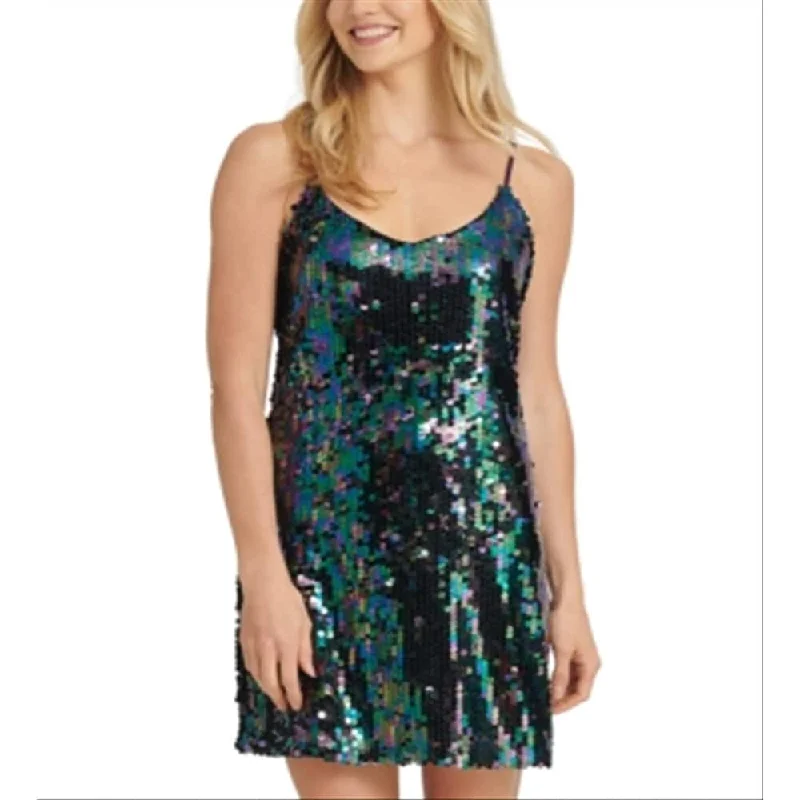 Dance-Floor Party Dress -Dkny Women's Sequined Spaghetti Strap V Neck Short Cocktail Fit Flare Dress Green Size Medium