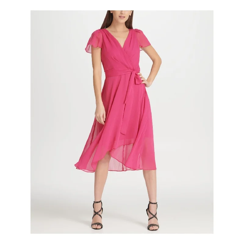 Side-Pleat Party Dress -DKNY Women's Short Sleeve V Neck Tea Length Sheath Cocktail Dress Pink Size 4