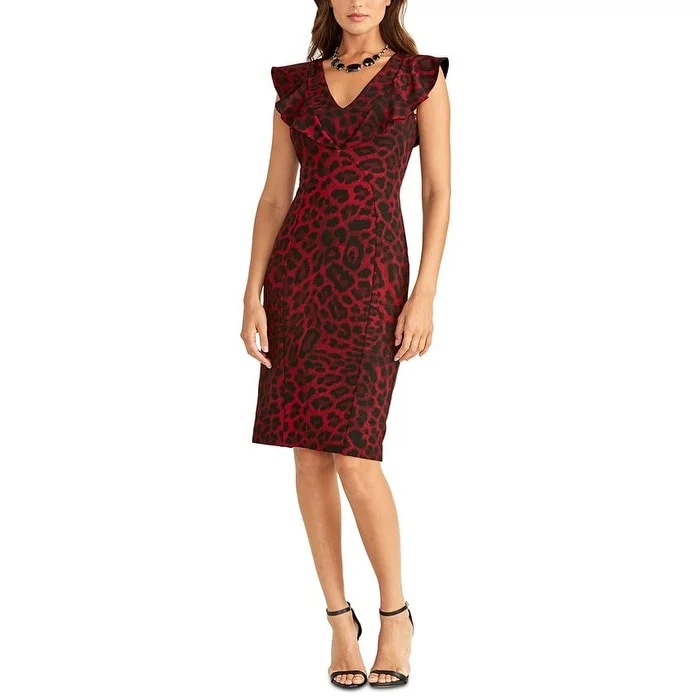 Knotted Party Dress -Rachel Roy Women's Animal Print Petal Sleeve V Neck Knee Length Body Con Cocktail Dress Red Size Small