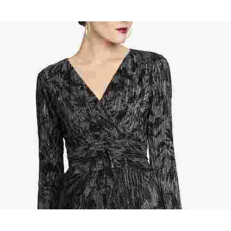 Food-Party Party Dress -Rachel Roy Women's Black Pleated Long Sleeve V Neck Knee Length Faux Wrap Cocktail Dress Black Size X-Small