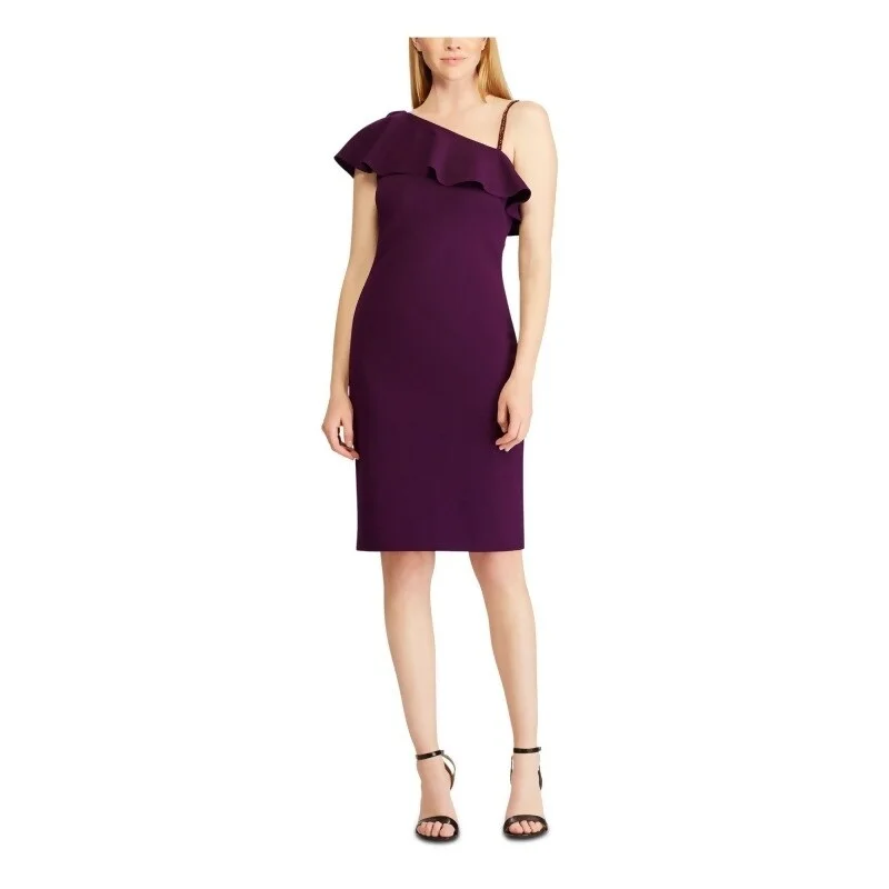 Rich-Cotton Party Dress -Ralph Lauren Women's Embellished Short Sleeve Asymmetrical Neckline Short Sheath Cocktail Dress Purple Size 14