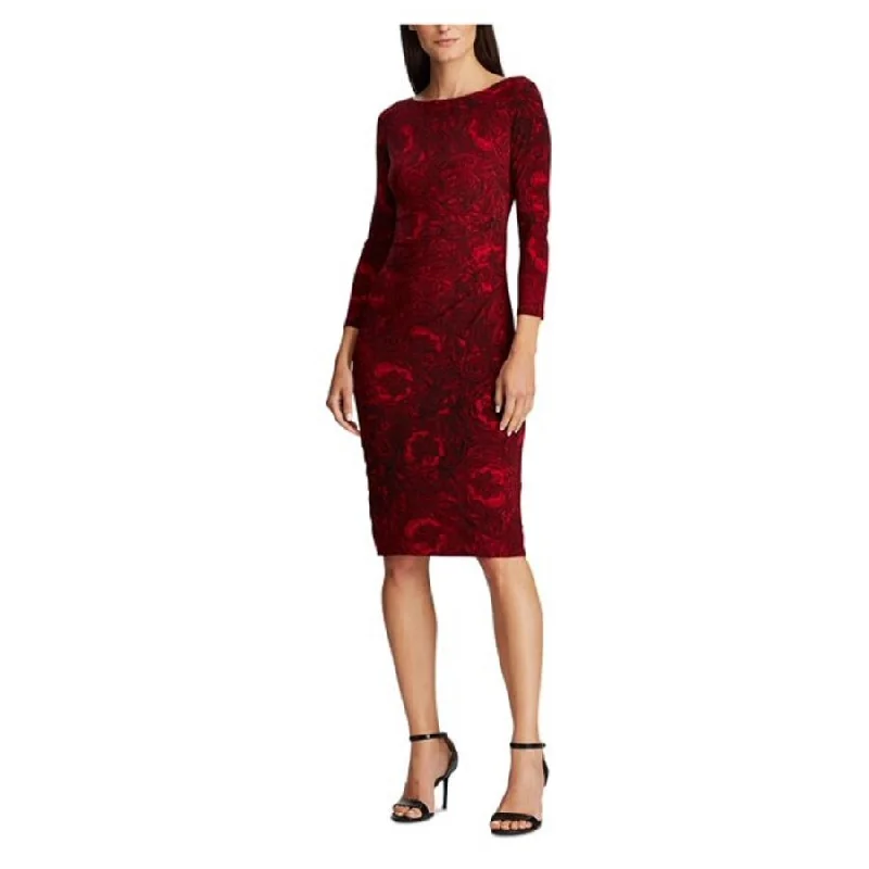 Casual-Event Party Dress -Ralph Lauren Women's Jewel Neck Knee Length Sheath Cocktail Dress Red Size 16