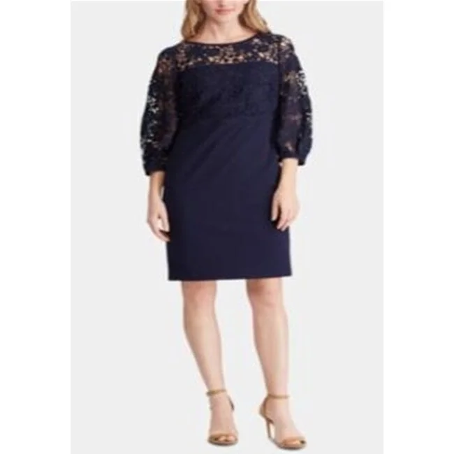 Art-Party Party Dress -Ralph Lauren Women's Lace Zippered 3/4 Sleeve Jewel Neck Above The Knee Sheath Cocktail Dress Blue Size 4