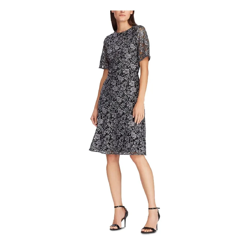 Subtle-Hue Party Dress -Ralph Lauren Women's Lace Zippered Floral Bell Sleeve Jewel Neck Knee Length Fit Flare Cocktail Dress Gray Size 2