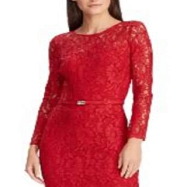 Friend-Date Party Dress -Ralph Lauren Women's Prudelle Lace Illusion Cocktail Dress Red Size 2