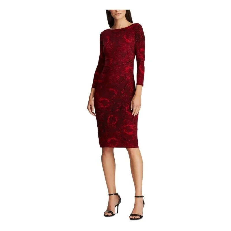 Bow-Back Party Dress -Ralph Lauren Women's Red Paisley 3/4 Sleeve Jewel Neck Knee Length Sheath Cocktail Dress Red Size 14