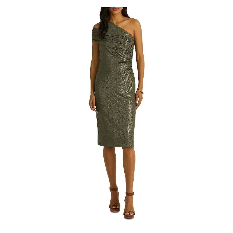 Open-Front Party Dress -Ralph Lauren Women's Zippered Slitted Double Strap Detail Shirred Asymmetrical Neckline Cocktail Dress Green Size 12