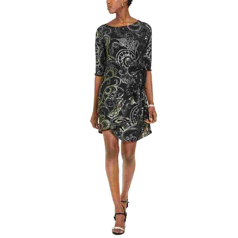 Dance-Edge Party Dress -Robbie Bee Women's Printed Jewel Neck Cocktail Dress Black Size Petite Small