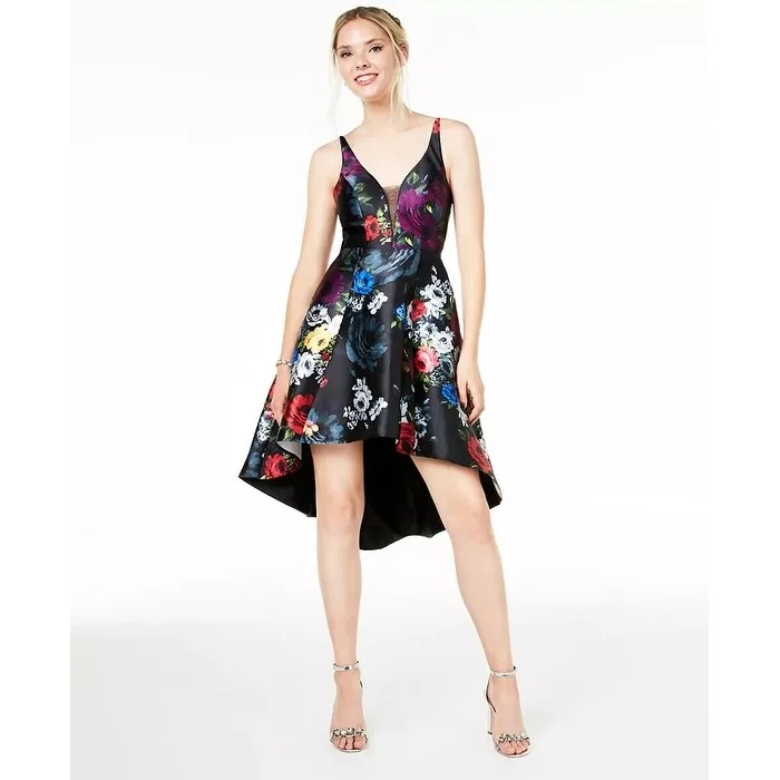 High-Edge Party Dress -Sequin Hearts Women's Floral Print High/Low Mikado Cocktail Dress Black Red Size 1