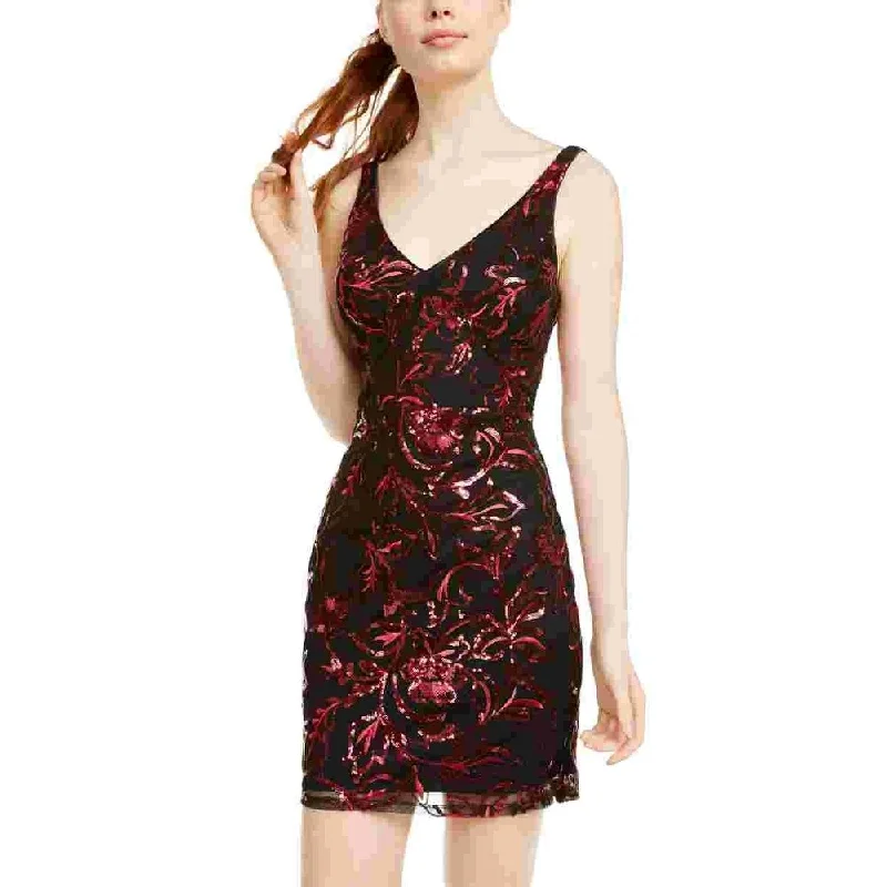 Sequin Hearts Women's Sequined Printed Sleeveless V Neck Short Body Con Cocktail Dress Black 5