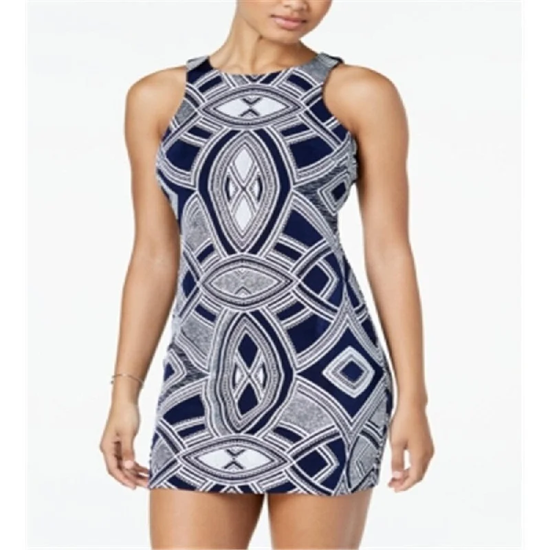 Night-Date Party Dress -Speechless Women's Zippered Glitter Printed Sleeveless Jewel Neck Short Cocktail Body Con Dress Blue Size 3