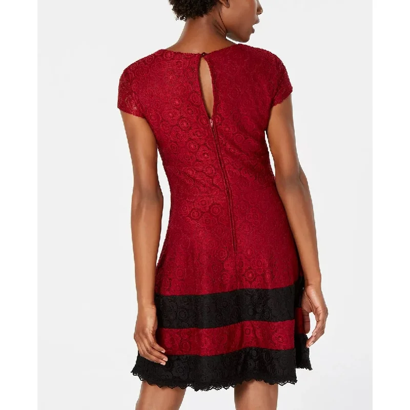 Puff-Sleeve Party Dress -Teeze Me Women's Lace Striped Cocktail Dress Red Size 9