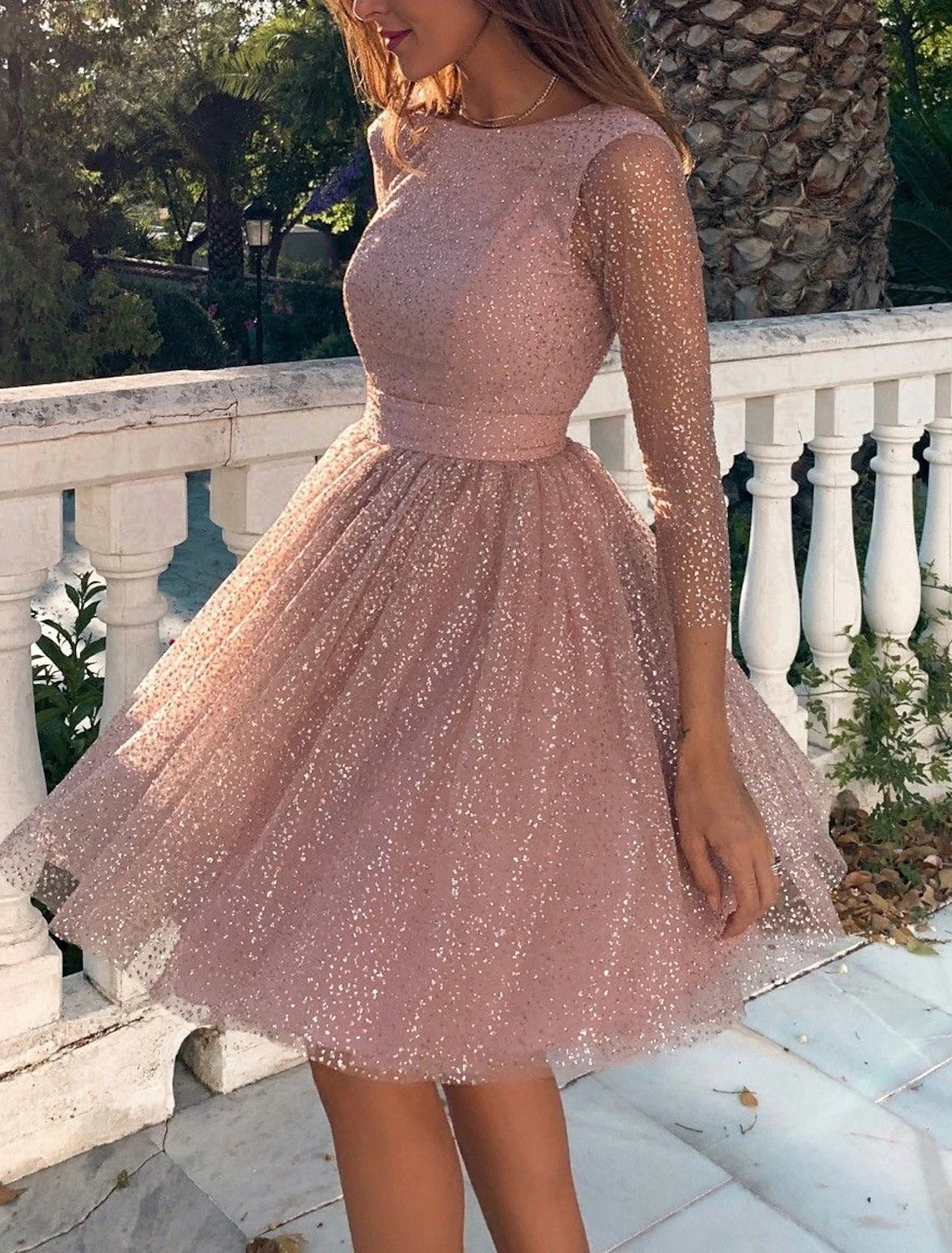 Shiny Party Dress -A-Line Glittering Cute Homecoming Cocktail Party Dress Dress Jewel Neck 3/4 Length Sleeve Knee Length Tulle with Pleats Sequin