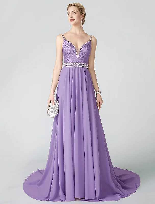 Patio-Chill Party Dress -Ball Gown Beaded & Sequin Holiday Cocktail Party Formal Evening Dress Plunging Neck Sleeveless Court Train Chiffon Metallic Lace with Sash / Ribbon Pleats Beading