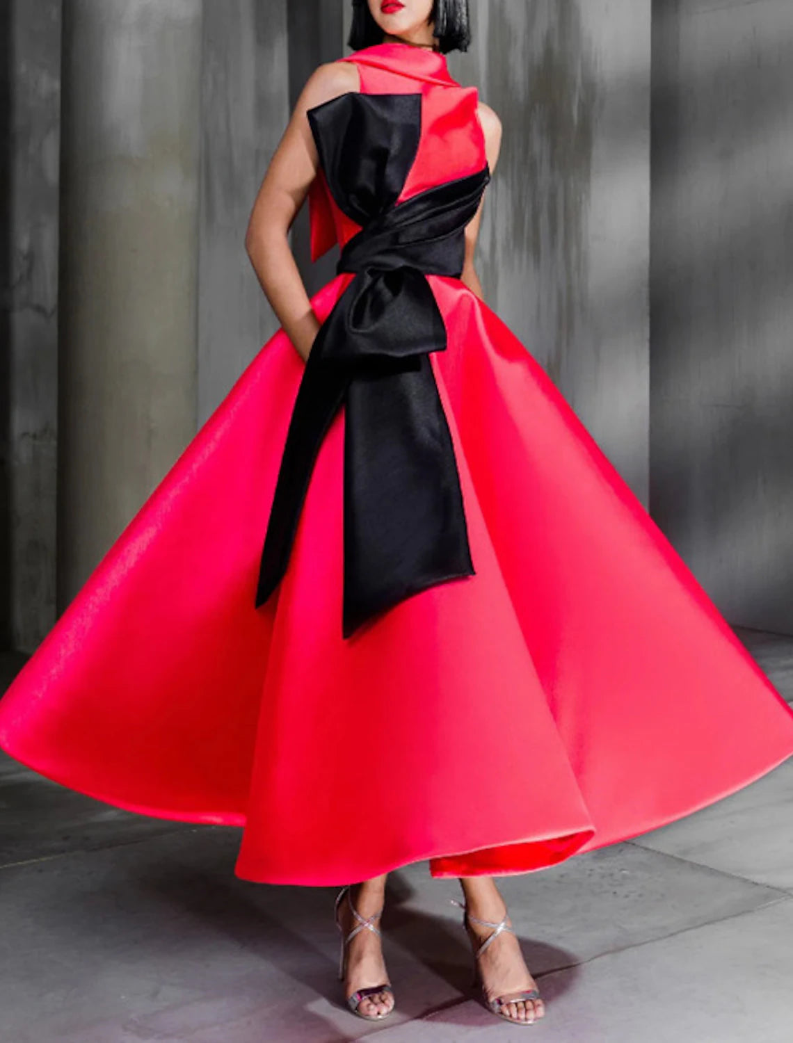 Ball Gown Color Block Celebrity Style Elegant Prom Formal Evening Birthday Dress Red Green Dress High Neck Sleeveless Ankle Length Satin with Bow(s)