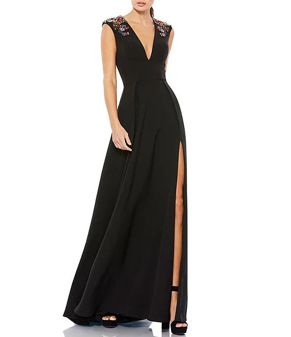 Baby-Shower Party Dress -Beaded Shoulder Deep V-Neck Cap Sleeve Thigh High Slit A-Line Gown Formal Cocktail Dresses