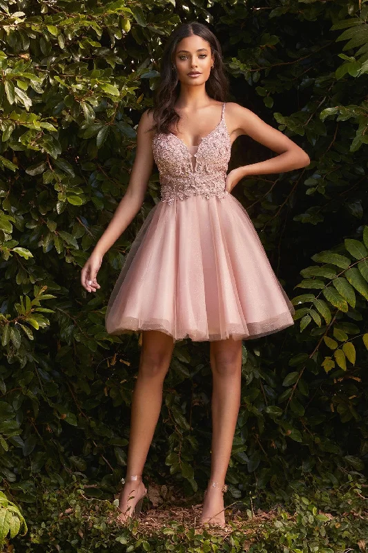 High-Neck Party Dress -Floral Lace Bodice Tulle Cocktail Dress by Cinderella Divine CD0190