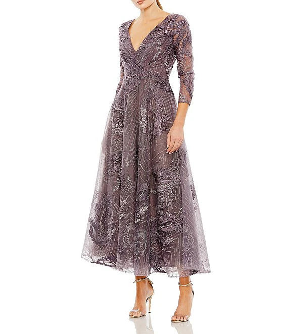 Gathered-Waist Party Dress -Embroidered Surplice V-Neck 3/4 Sleeve Tea Length A-Line Dress Cocktail Dresses