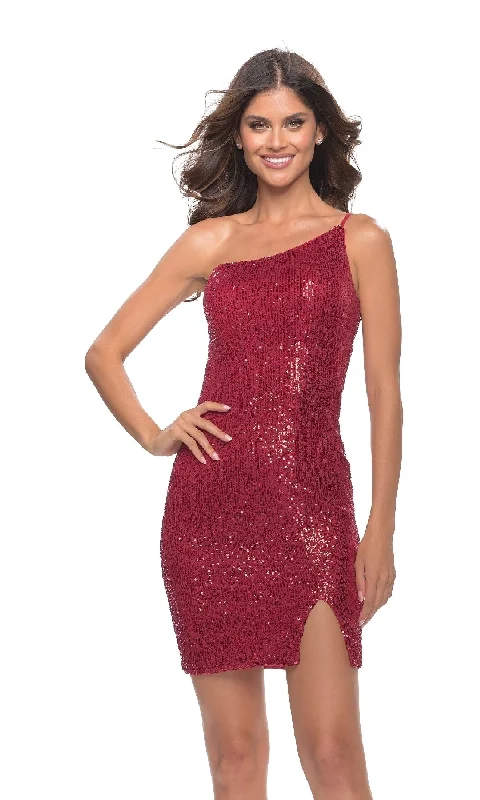 Petite Party Dress -One-Shoulder La Femme Short Sequin Cocktail Dress