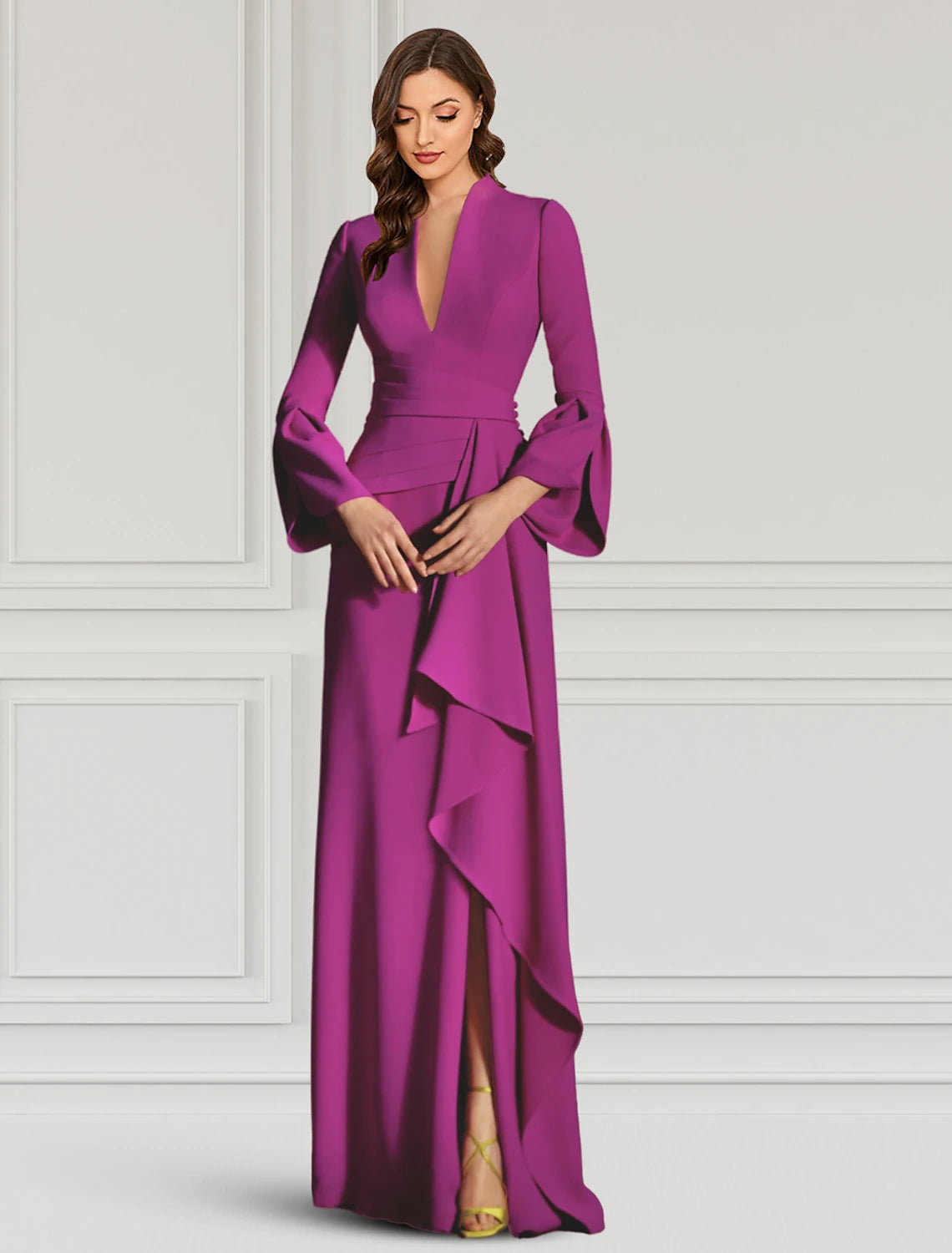 Club-Fun Party Dress -Sheath / Column Evening Gown Elegant Dress Formal Cocktail Party Floor Length Long Sleeve V Neck Fall Wedding Guest Stretch Fabric with Ruffles