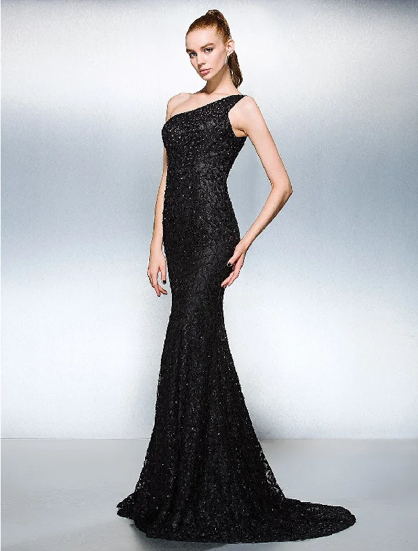 Club-Chill Party Dress -Sheath / Column Sparkle & Shine Dress Holiday Cocktail Party Court Train Sleeveless One Shoulder Lace with Beading