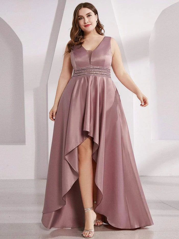 Earth-Tone Party Dress -Women's Plus Size Asymmetric High Low Cocktail Party Dress