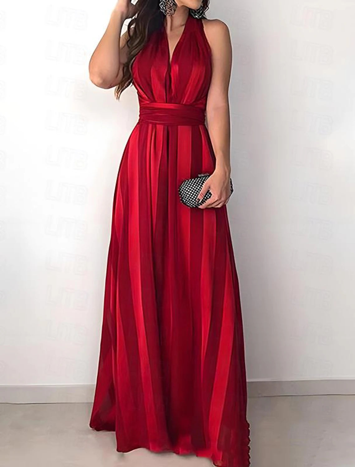 Swing-Hem Party Dress -Women's Red Christmas Dress Party Dress New Year's Eve Dress Cocktail Dress Semi Formal Dress Long Dress Red Sleeveless Striped Print Summer Spring V Neck Party Party Spring Dress