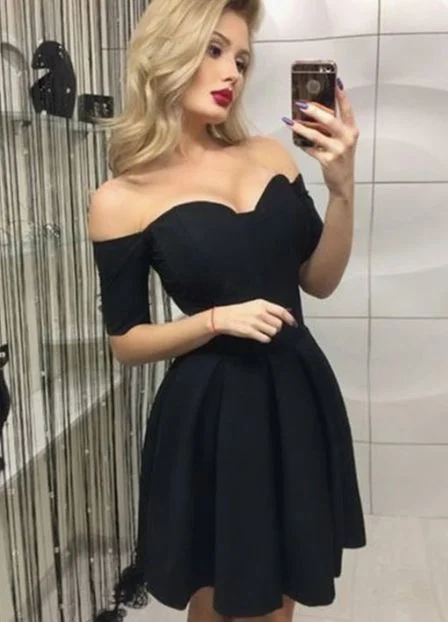 Subtle-Hue Party Dress -A-Line Off-the-Shoulder Short Sleeves Black Homecoming Dress,Cocktail Dress   C672