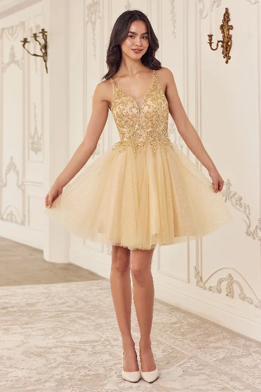 Bell-Hem Party Dress -Beaded Short Sleeveless Glitter Tulle Dress by Ladivine CY022