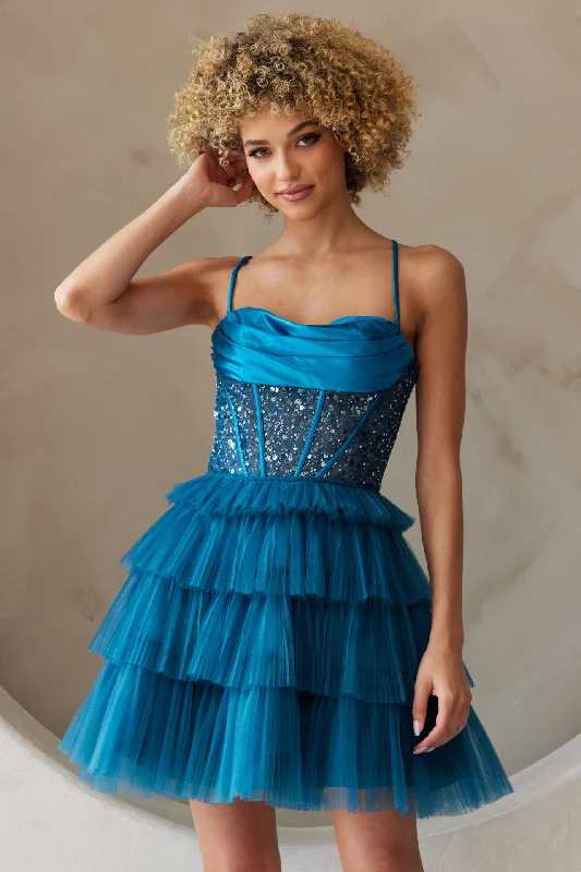 Light-Wool Party Dress -Beaded Short Sleeveless Tiered Dress by Amelia Couture BZ9023S