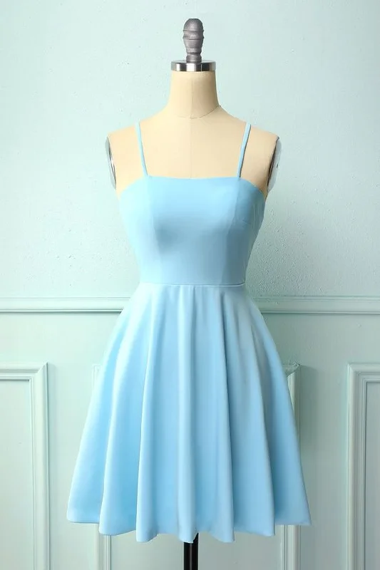 Breezy Party Dress -Blue Open Back Cocktail Dress， Short Homecoming Dress C1082