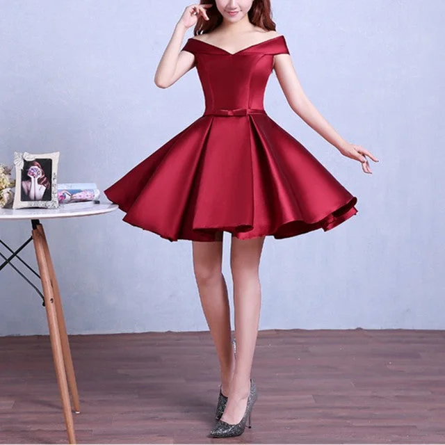 Girls-Trip Party Dress -Burgundy homecoming dress,off the shoulder short cocktail dress,satin gowns c3348