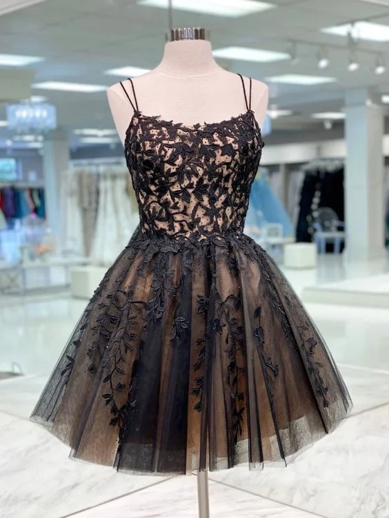 Music-Festival Party Dress -cocktail black lace applique short spaghetti strap beaded tulle cheap homecoming dresses c3310