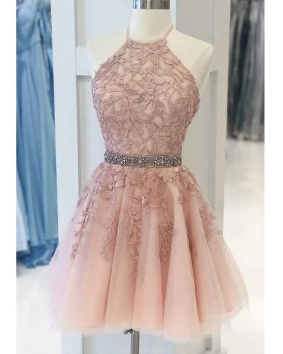 Reunion Party Dress -Halter Lace Blush Pink Homecoming Dress,Beading Semi Formal Cocktail Dress  C78