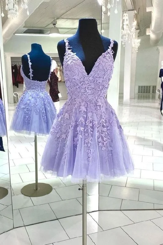 Off-Shoulder Party Dress -New Lavender v neck tulle lace short prom dresses Back Open cocktail dress C1172