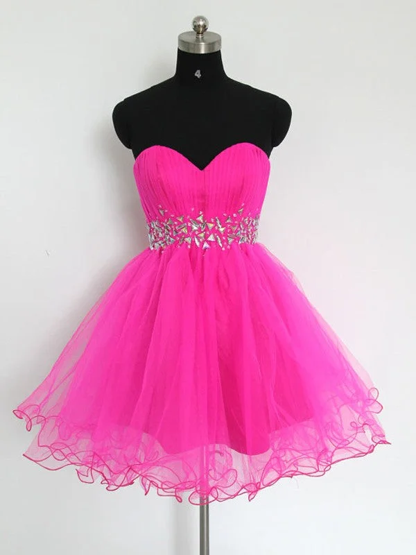 Off Shoulder Fuchsia Tulle Short Homecoming Dress , Cute Beaded Cocktail Party Dress cc06