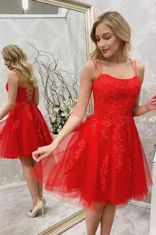 Red Lace Applique Spaghetti Straps Homecoming Dresses, Red Tulle Short Prom Dress,Cocktail Dress c2832