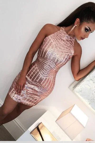 Beaded Party Dress -Sexy Rose Gold Jewel Sheath Mini Short Dresses Homecoming Dress Cocktail Dress c3322