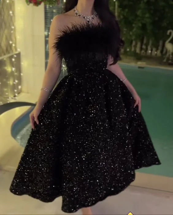 Crushed-Velvet Party Dress -Shiny Black Sequins A-line Party Dress,Black Cocktail Dress cc1271