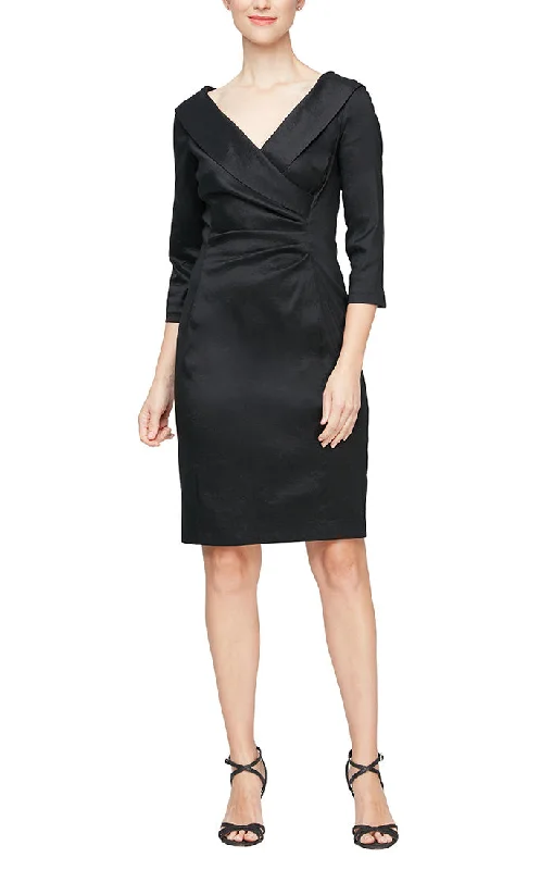 Metallic Party Dress -Short Sheath Stretch Taffeta Cocktail Dress with Portrait Collar and Ruched Waist Detail