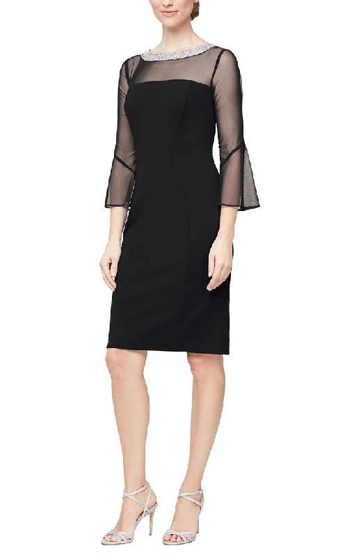 Short Sheath Crepe Cocktail Dress with Beaded Illusion Neckline & Bell Sleeves