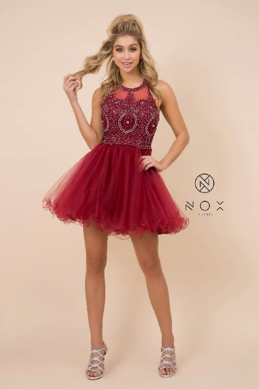 Split-Front Party Dress -Short Tulle Dress with Embroidered Applique Bodice by Nox Anabel B652