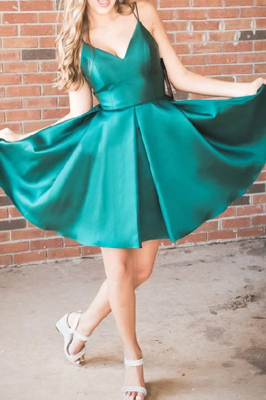 Crinkle Party Dress -Straps V Neck Satin Mini Prom Homecoming Dress Dark Green Cocktail Party Dress c2911