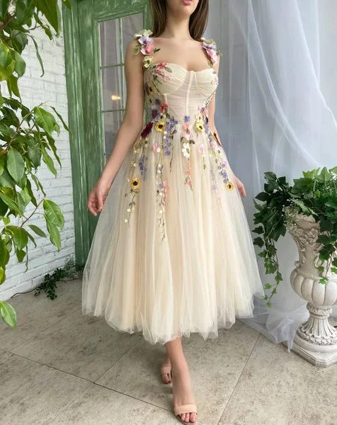 Gathered-Waist Party Dress -Tea Length Straps Homecoming Dress With Flower, Cocktail Dresses With 3D Flower c2709