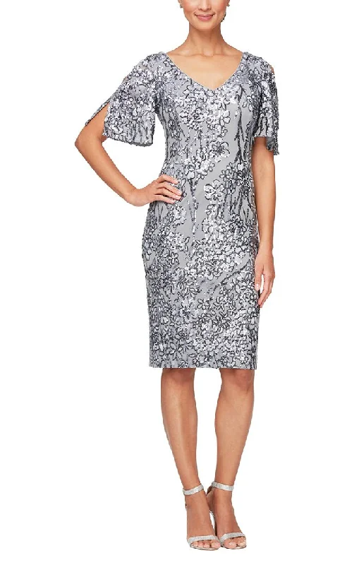 Formal-Casual Party Dress -V-Neck Sequin Cocktail Dress with Cold Shoulder Flutter Sleeves